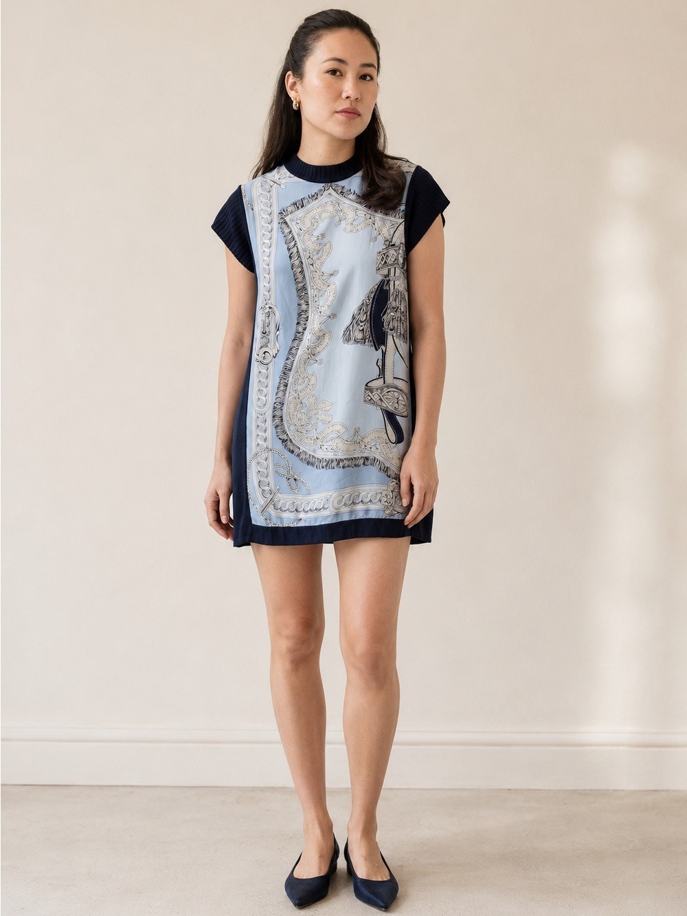 Authentic Hermès Silk-Panel Equestrian Print Knit Mini Dress/Tunic, Size 38- US